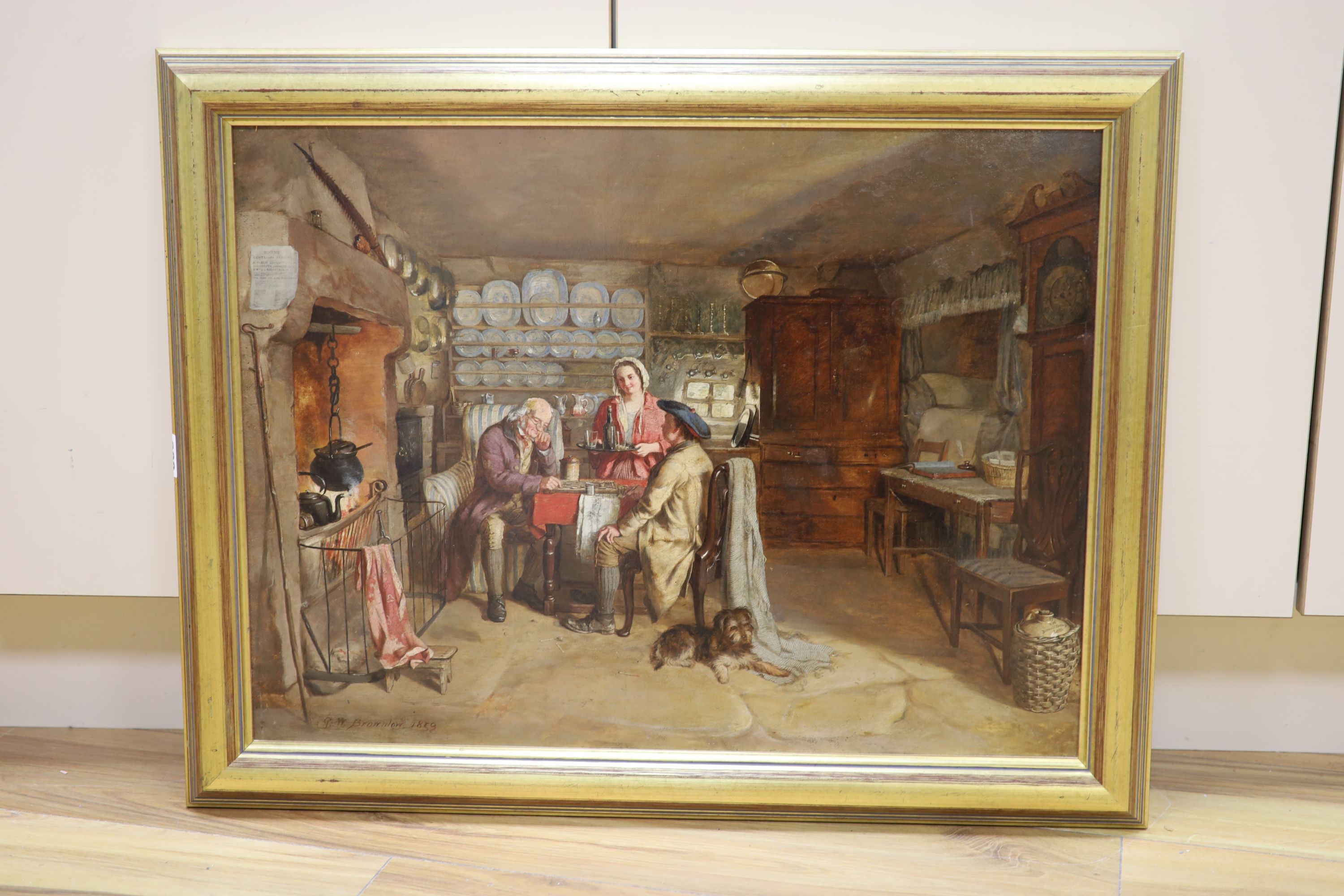 George Washington Brownlow (1835-1876), oil on canvas, 'Number 1, the interior of the cottage in which Burns was born, Ayrshire', signed and dated 1859, Artist's label verso, 45 x 60cm